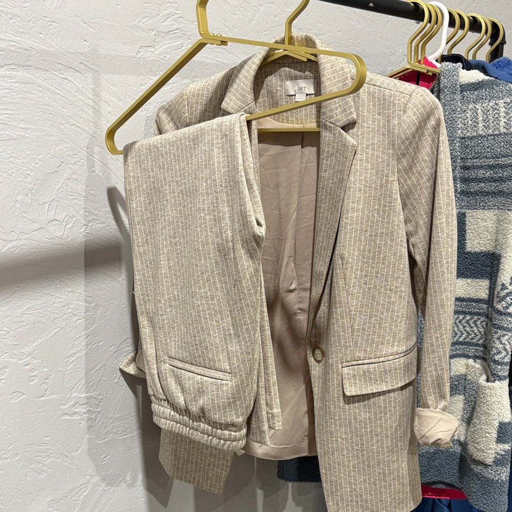 Loft Beige Striped Petite Blazer and Pants Set